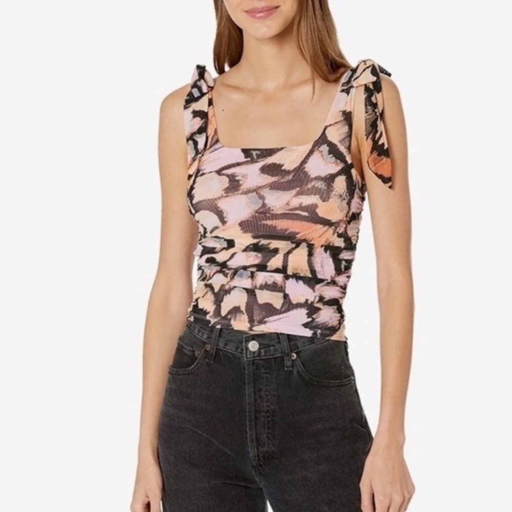 Free People Womens Pink Combo Monarch Butterfly Mesh Ruched Tie Strap Tank Top
